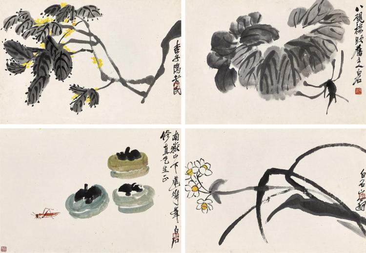 LOT 256 齊白石（1864-1957）四時花卉草蟲圖四開